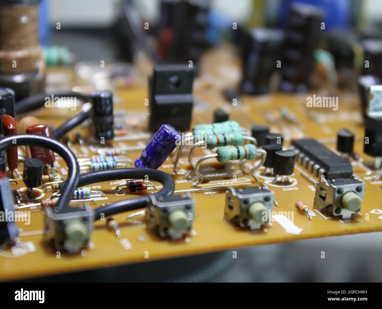 Different Electronic Parts On Computer Board Macro Shot Stock Photo