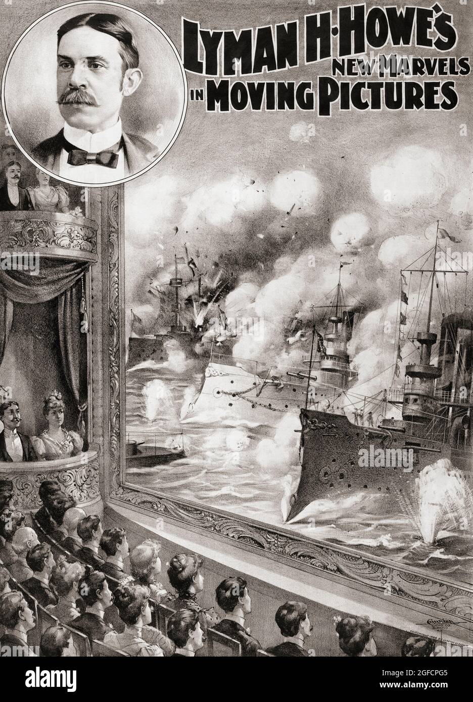 Lyman H. Howe's New Marvels in Moving Pictures.  An 1898 poster with a fanciful display of American battleships engaged in the Spanish-American war and a portrait of Howe at the top left.  Lyman Hakes Howe, 1856 - 1923, American entertainment entrepreneur and innovator.  He was making aerial films by 1911 and - with the use of a phonograph - is credited with being the first film-maker to marry sound effects to his movies. Stock Photo