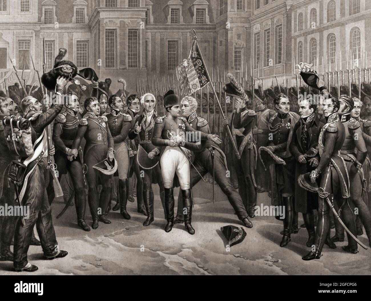 Napoleon's farewell to the Old Guard at Fontainbleau, April 20, 1814 after his first abdication. Napoleon Bonaparte, 1769-1821, Emperor of the French.  After an engraving by Vincenz Georg Kininger, from a work by Horace Vernet. Stock Photo