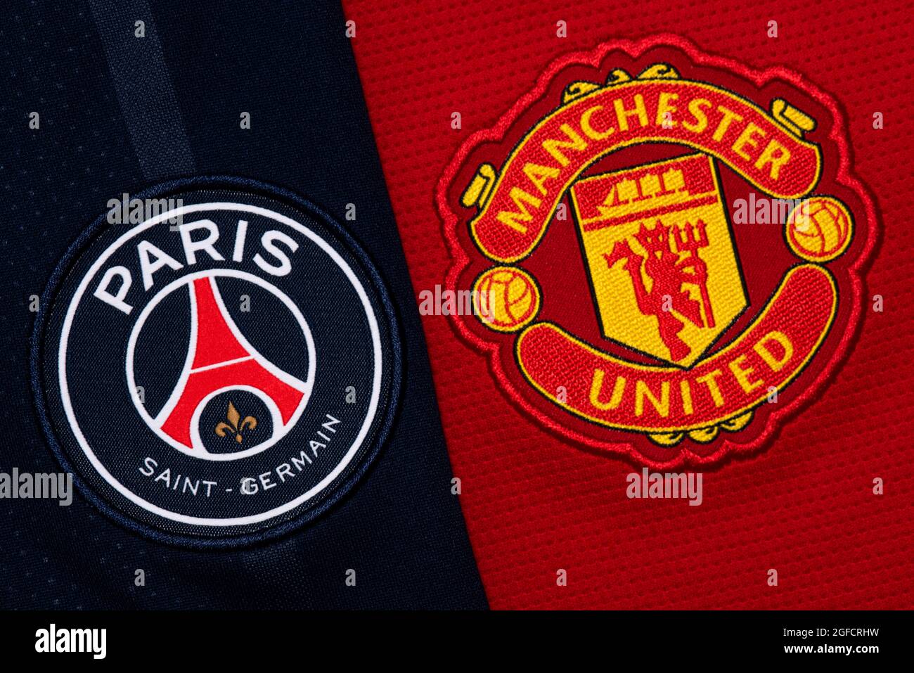 Close up of PSG and Manchester United club crest, Stock Photo