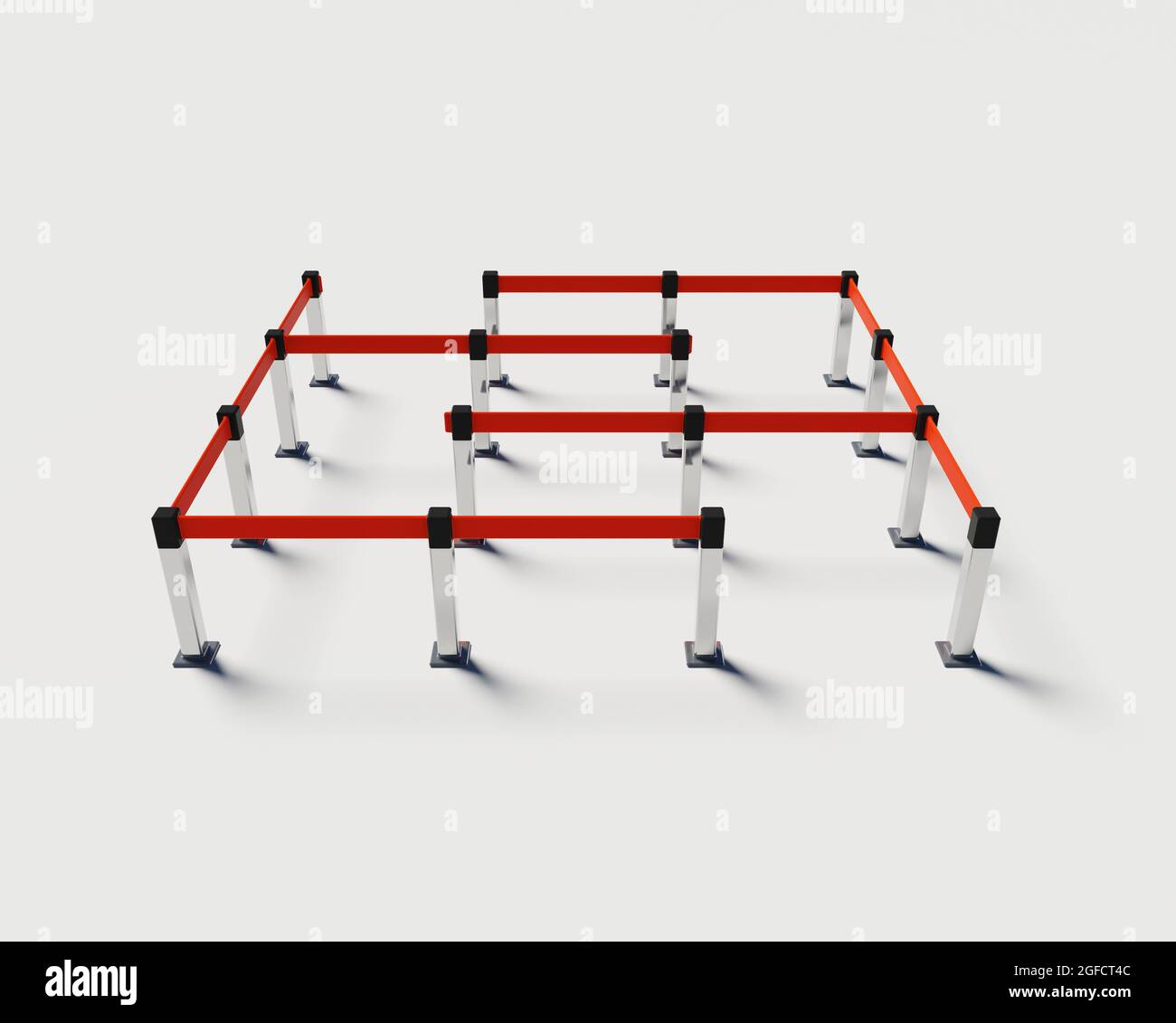 Red Ribbon tape tteel stand barrier on white background. Color isometric illustration on isolated background. Stock Photo