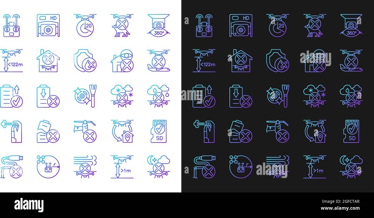Drone usage gradient manual label icons set for dark and light mode Stock Vector