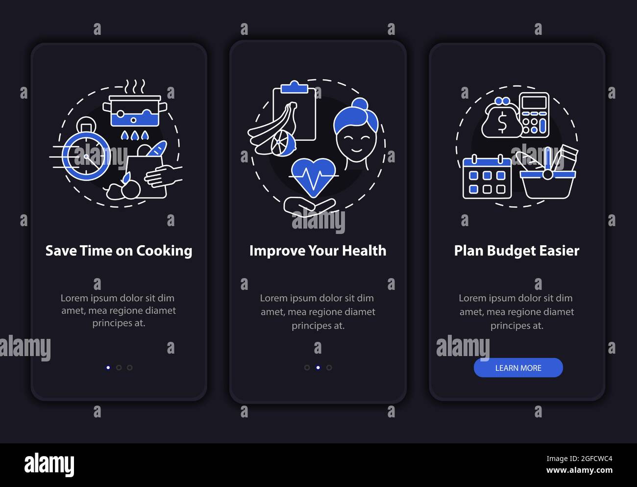 Reasons for meal plan dark onboarding mobile app page screen Stock ...