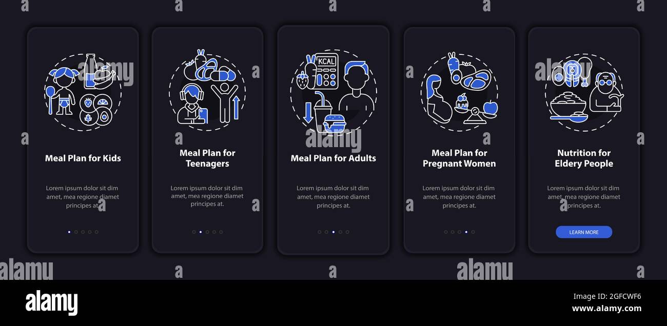 Meal plan for age groups dark onboarding mobile app page screen Stock ...