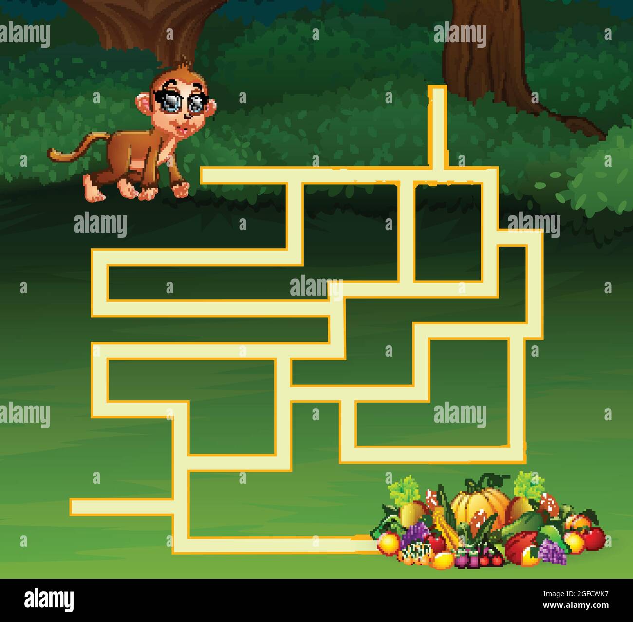 Game monkey maze find their way to the fruit Stock Vector