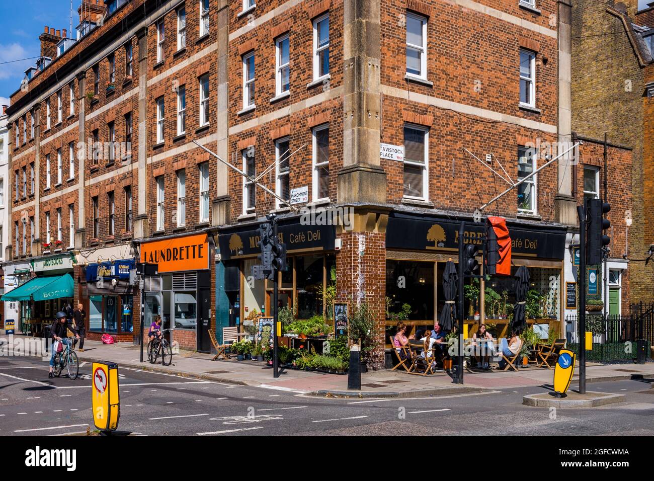 Bloomsbury London - Corner of Marchmont Street and Tavistock Place in the Bloomsbury District of London. Stock Photo