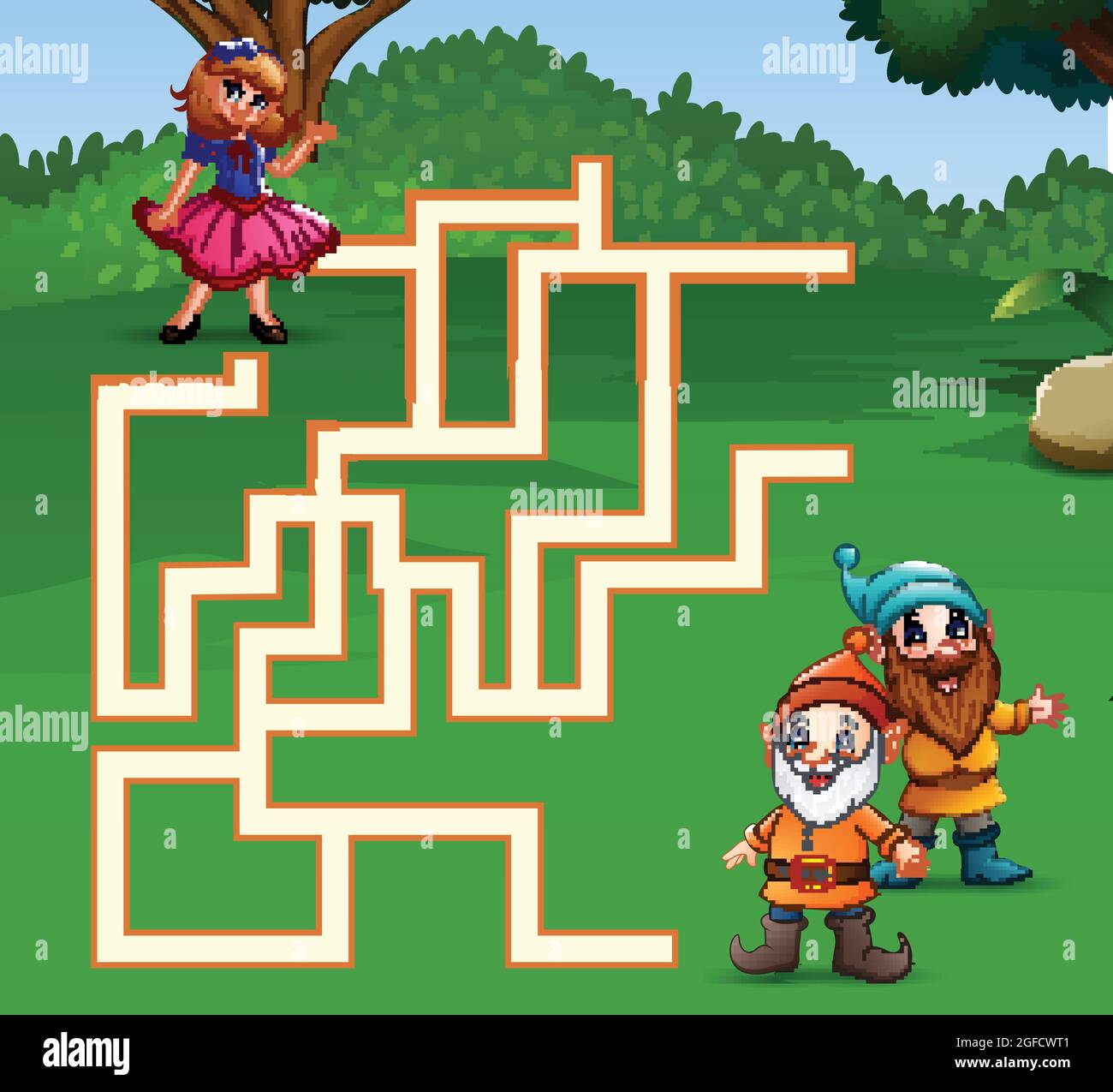 Game snow white maze find their way to the dwarf Stock Vector Image