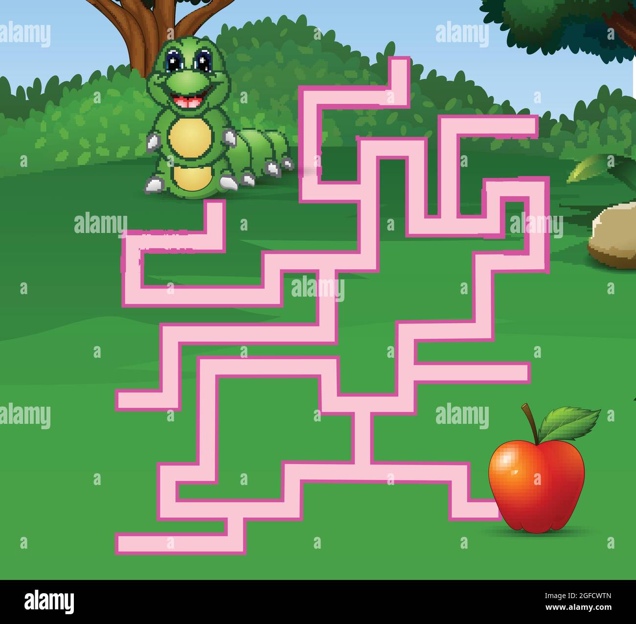 Game caterpillar maze find their way to the apple Stock Vector