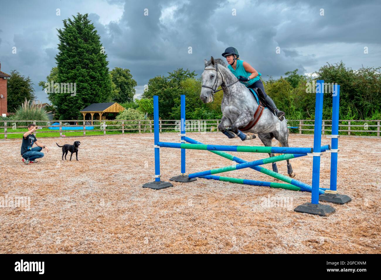 Rebecca Markillie jumping Turbine Breeze, a grey mare on an artificial surface horse arena known as an manège. Tickhill, South Yorkshire, UK Stock Photo