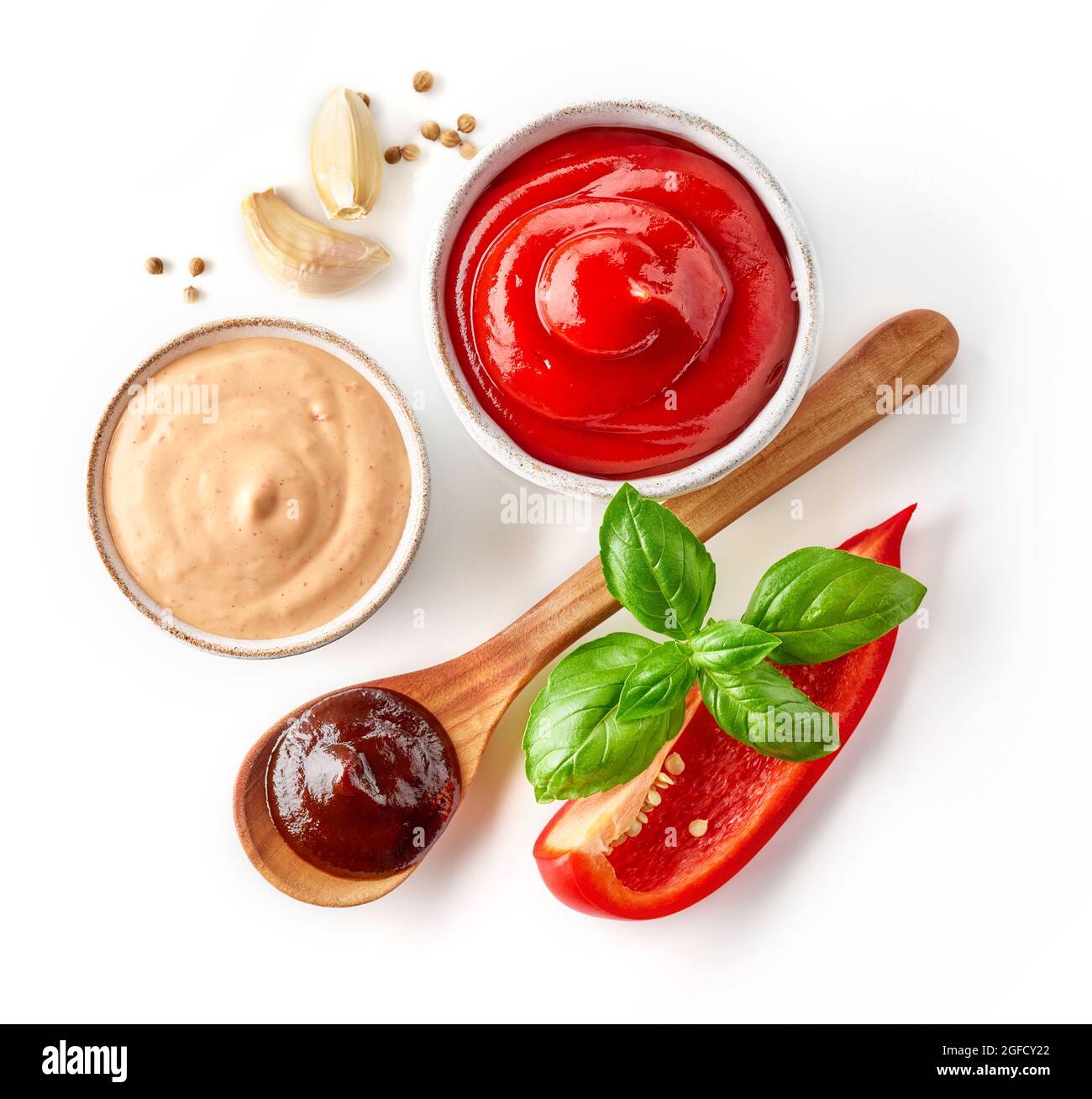 Set of sauces ketchup, burger sauce and barbecue sauce, red bell