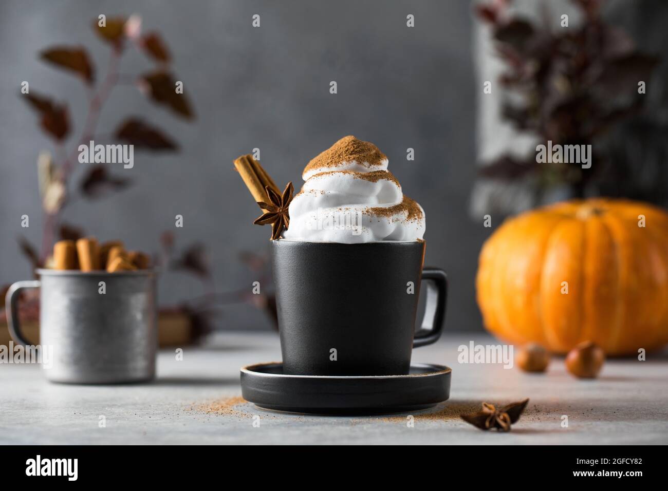 Pumpkin latte with whipped cream and a stick of cinnamon in a mug Stock ...