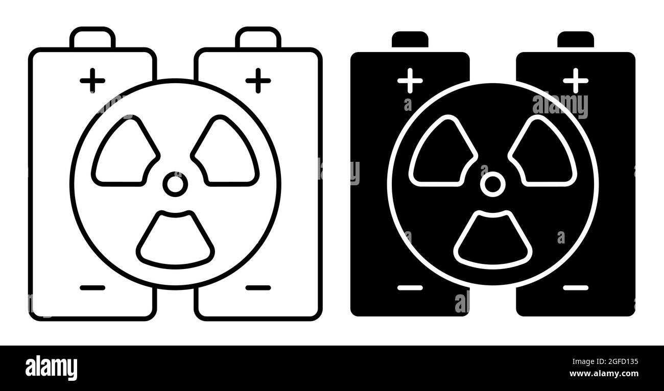 Linear icon. Pair of batteries with sign of atomic energy. High capacity energy storage devices based on radioactive elements. Simple black and white Stock Vector