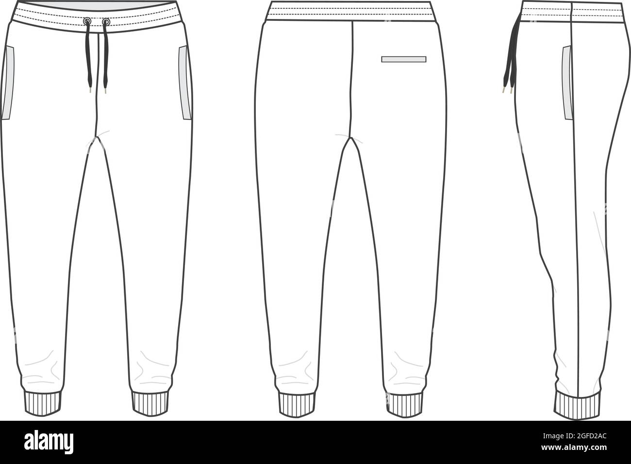 Fleece fabric Jogger Sweatpants overall technical fashion flat sketch vector illustration template front, back and side views. Stock Vector