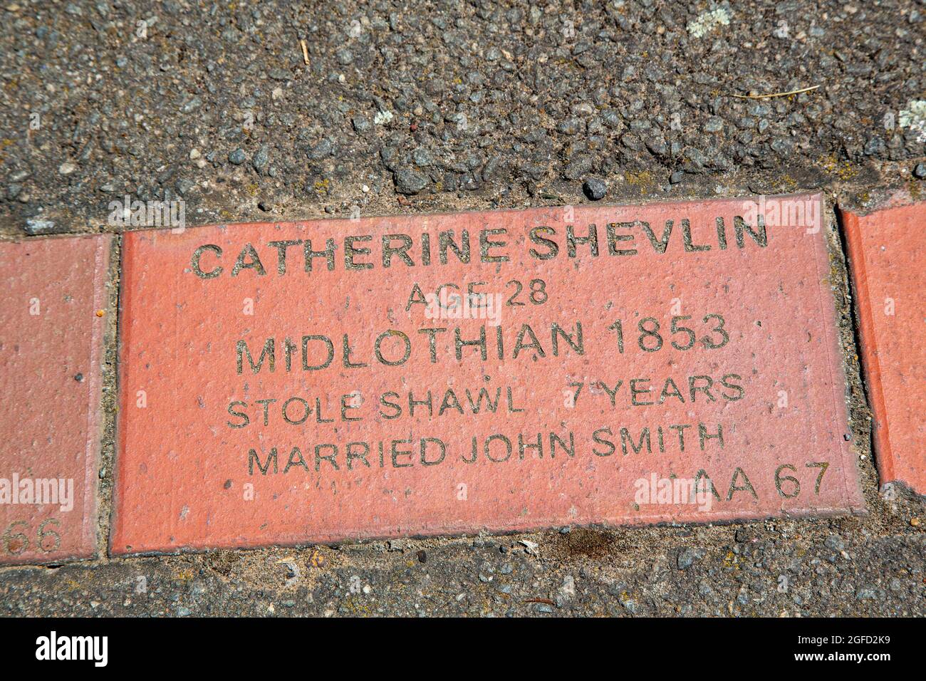 The Convict Brick Trail at Cambell Town, Tasmania, Australia. The Trail commemorates the approximataely 75,000 convicts transported from England to T Stock Photo