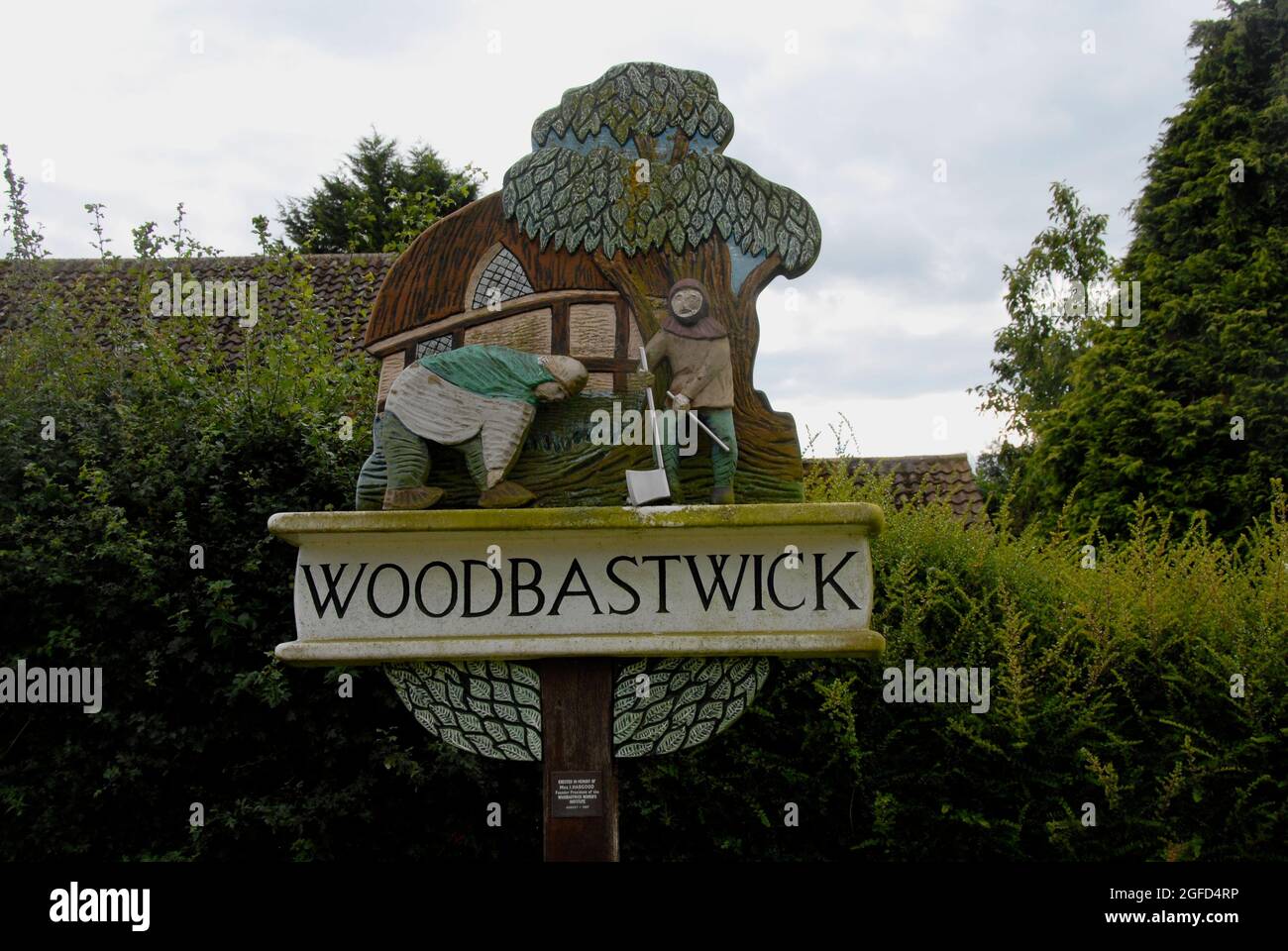 Village sign for Woodbastwick, Norfolk, England Stock Photo