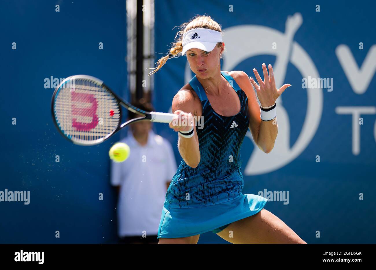 Kristina Mladenovic of France in action during the second round of the 2021  WTA Chicago Womens Open WTA 250 tennis tournament against Francoise Abanda  of Canada on August 24, 2021 in Chicago,