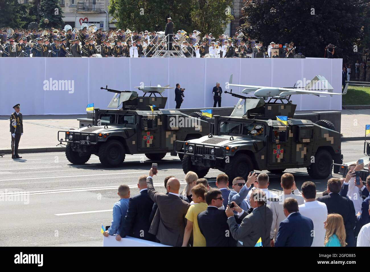 KYIV, UKRAINE - AUGUST 24, 2021 - Military cars carry UAVs during the Kyiv Independence Day Parade on Khreshchatyk Street on the 30th anniversary of U Stock Photo