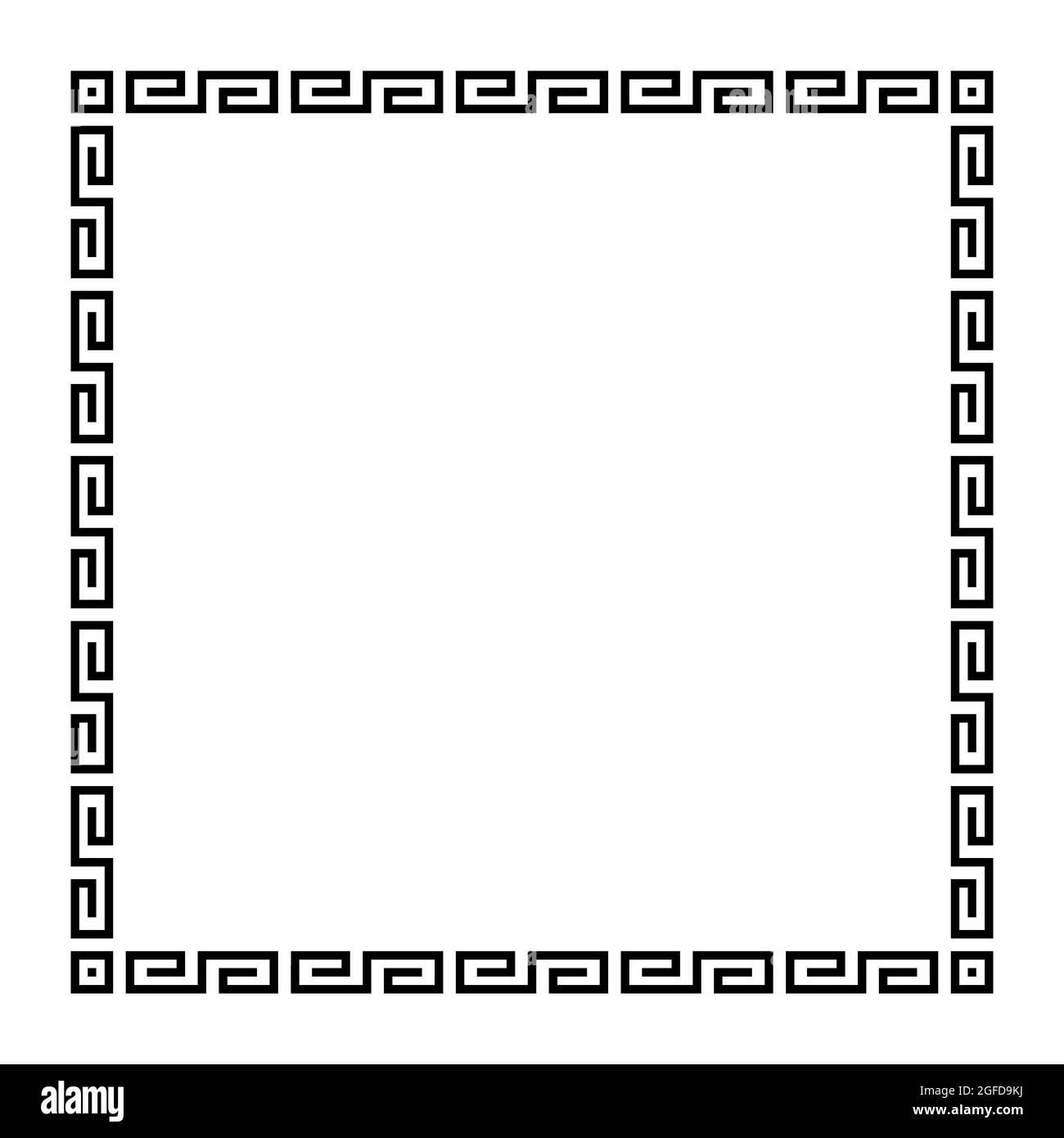 Meander square with simple meander pattern. Square frame and decorative border, made of angular spirals, shaped into a seamless motif. Greek key. Stock Photo