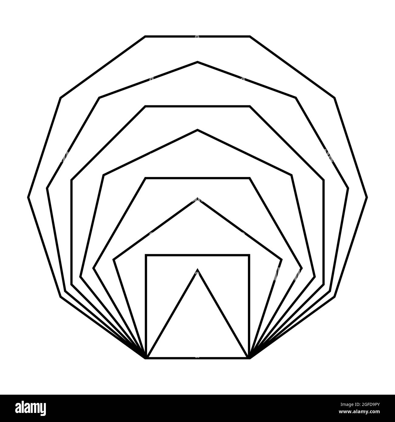 Regular polygons, with the same line segment length, in a row. Convex, equiangular and equilateral polygons, from a triangle to a decagon. Stock Photo