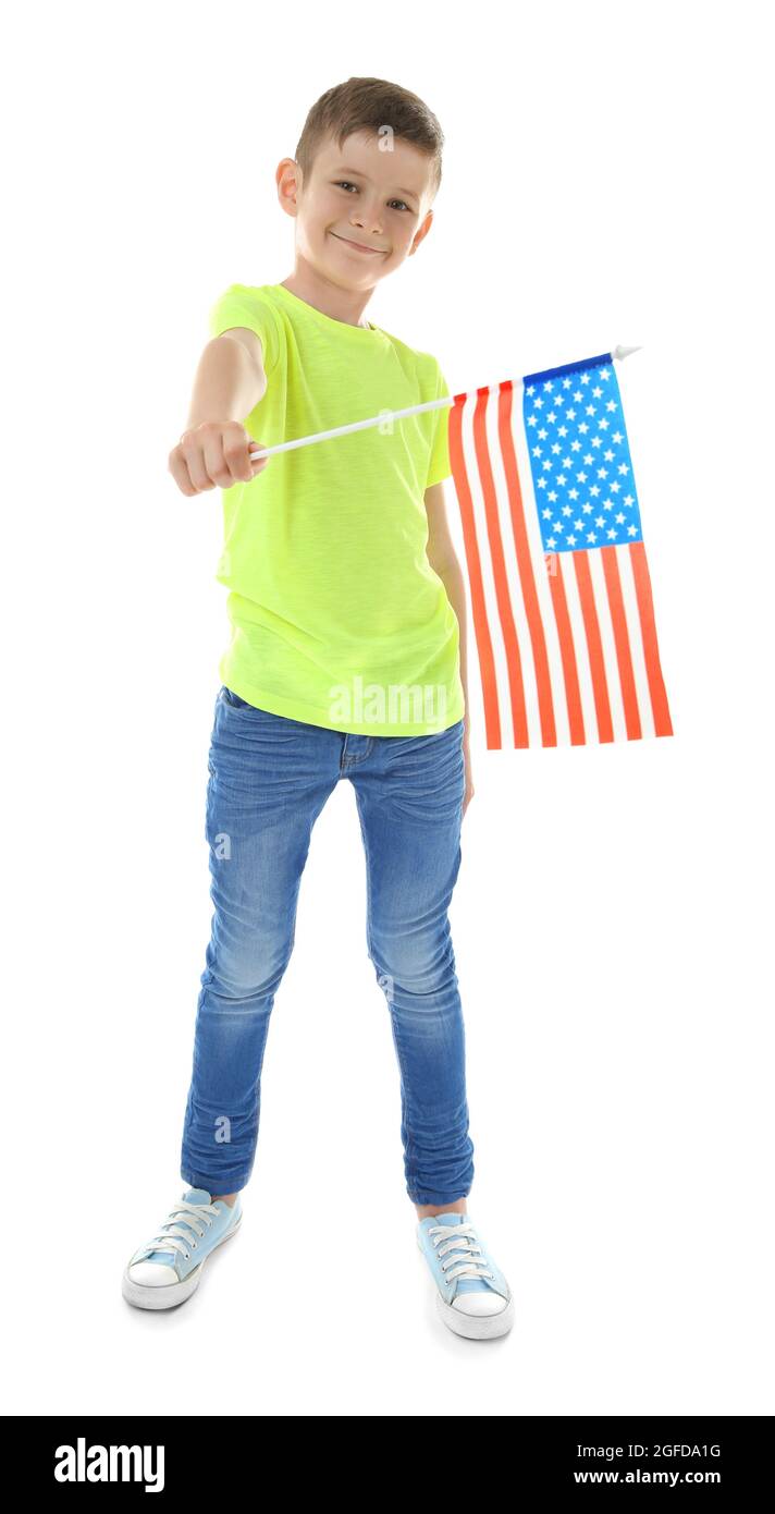 Boy and American flag on white background Stock Photo - Alamy