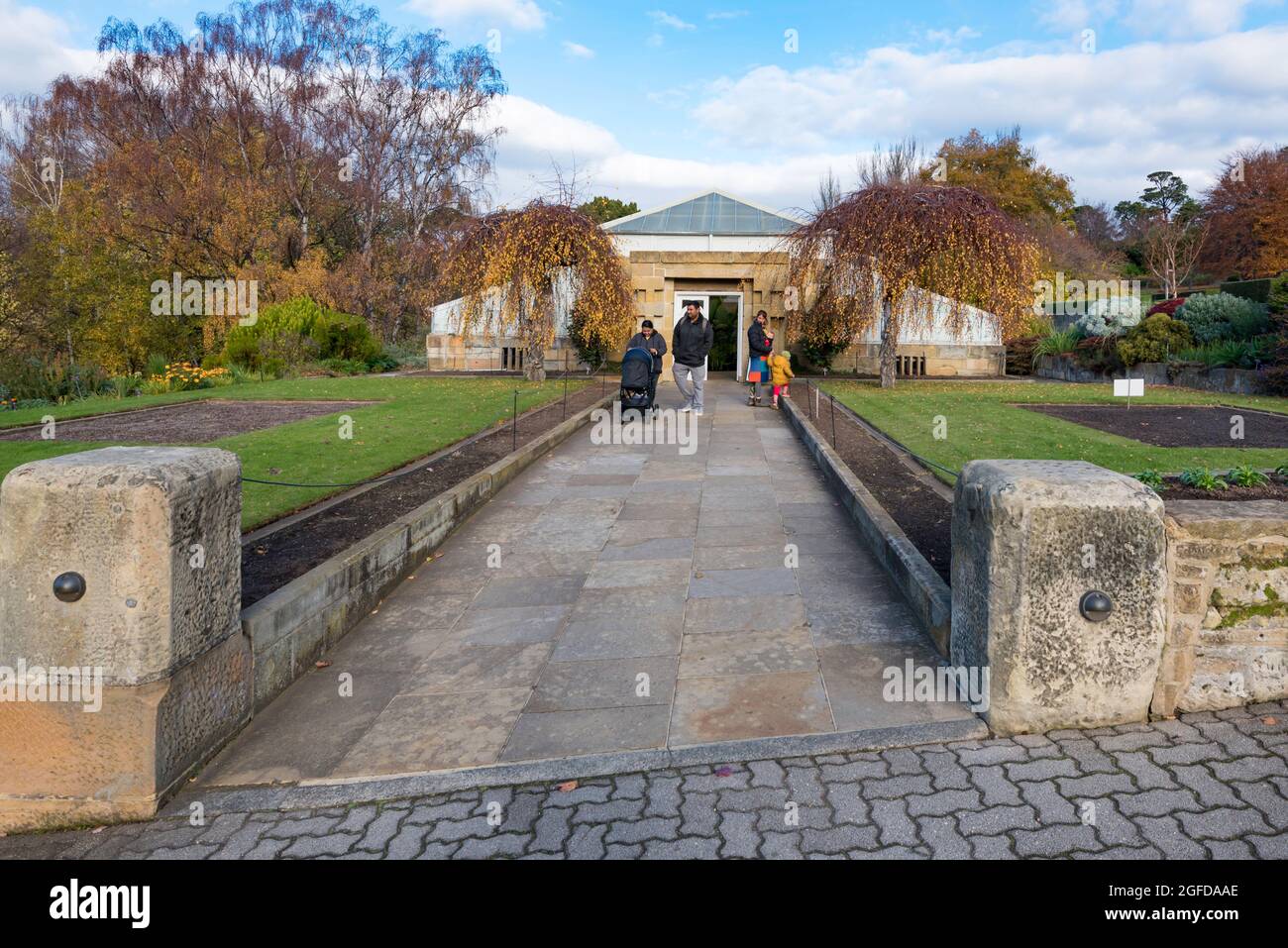 The exterior of the 1939 built Conservatory at the Royal Tasmanian Botanical Gardens in located in the Queens Domain, Hobart, Tasmania, Australia Stock Photo