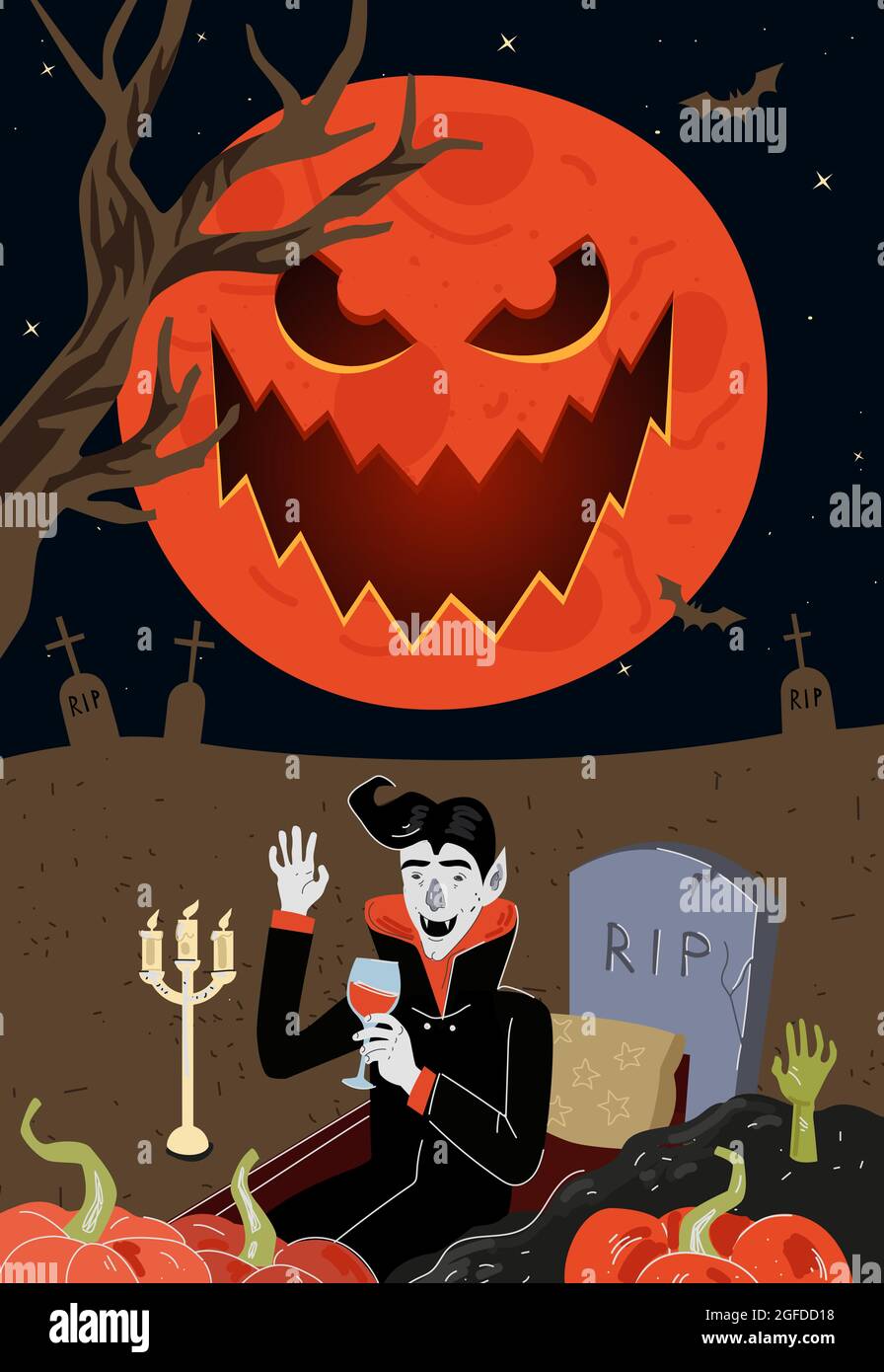 Happy Halloween. Cartoon Dracula Vampire in the night background . Vector  illustration. Stock Vector