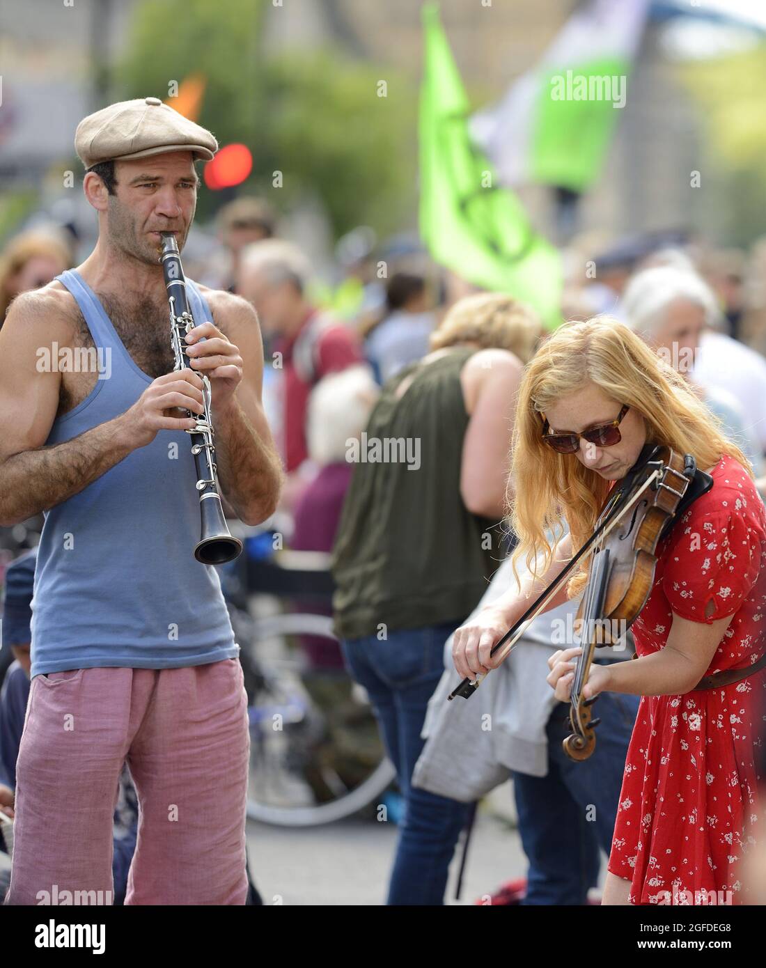 London, England, UK. Musicians playing at an Extinction Rebellion protest in Whitehall, 24th August 2021 Stock Photo
