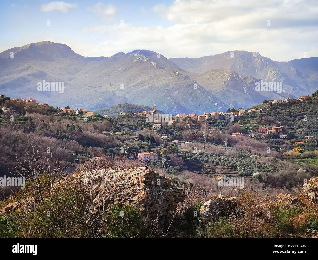 Italian natural landscape of the hinterland of Finale Ligure, travel reportage Stock Photo