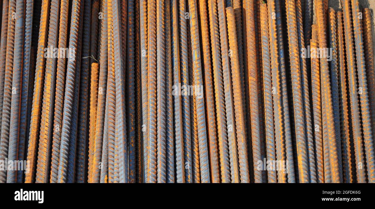 A closeup of reinforcing steel bars, rebars used to strengthen the