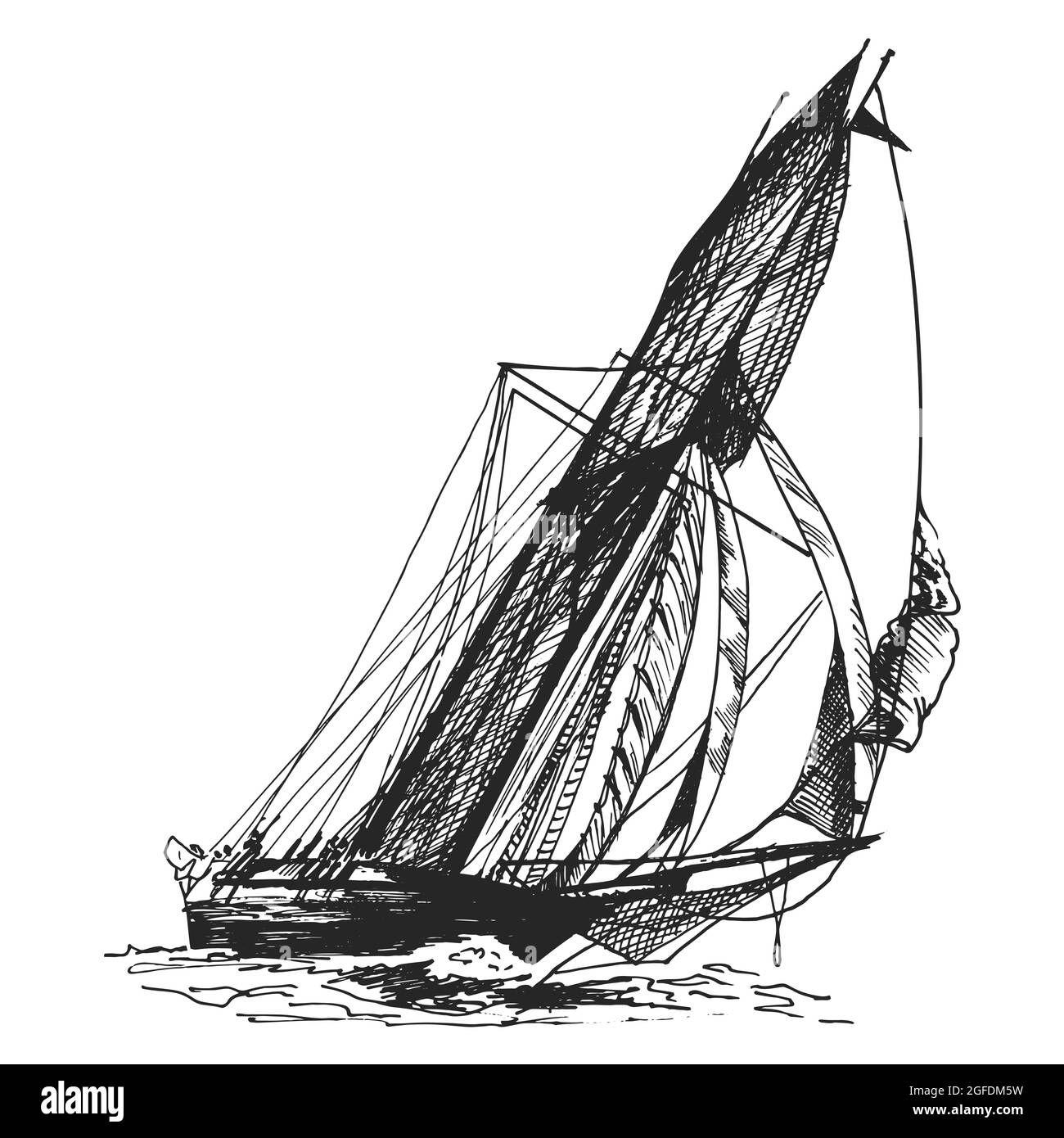 A sailing yacht of the early 20s of the 20th century. Hand drawing sketch illustration. Vector Stock Vector