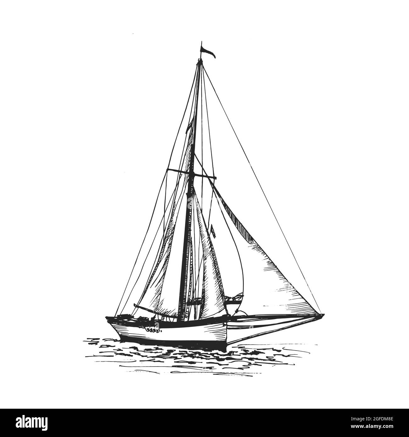 A sailing yacht of the early 20s of the 20th century. Hand drawing sketch illustration. Vector Stock Vector