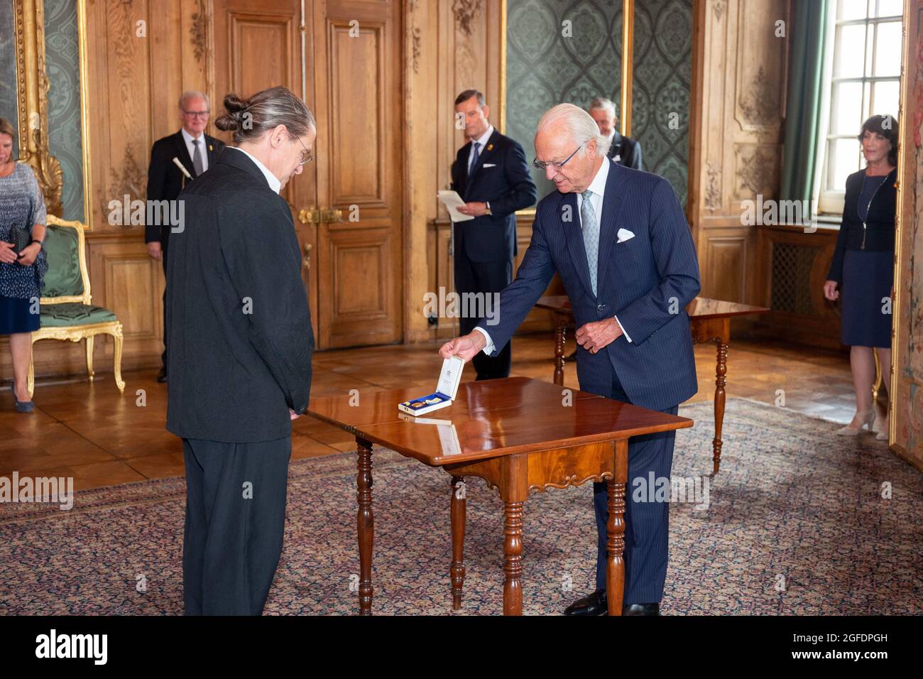 King Carl XVI Gustaf and Queen Silvia present the Prince Eugen Medal for 2020 at the Royal Palace of Stockholm, Sweden on August 25, 2021. Photo by Fredrik Wennerlund/Stella Pictures/ABACAPRESS.COM Stock Photo