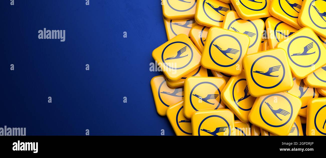 Logos of the German airline Lufthansa on a heap. Copy space. Web banner format. Stock Photo