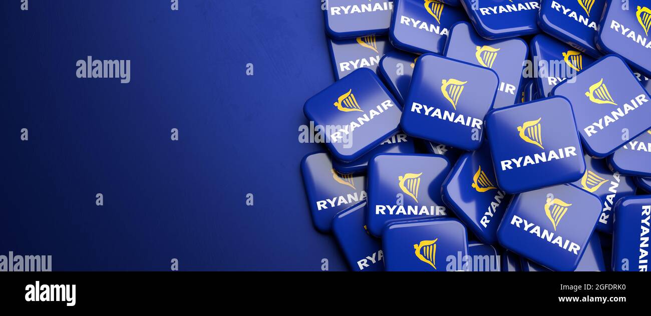 Logos of the Irish low-cost carrier Ryanair. Copy space. Web banner format. Stock Photo