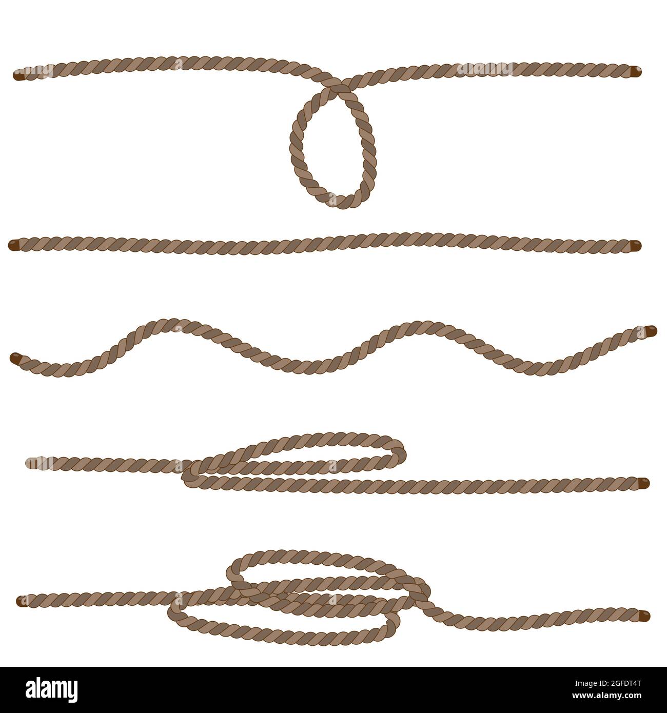 Braun natural jute rope set vector illustration. Twine collection