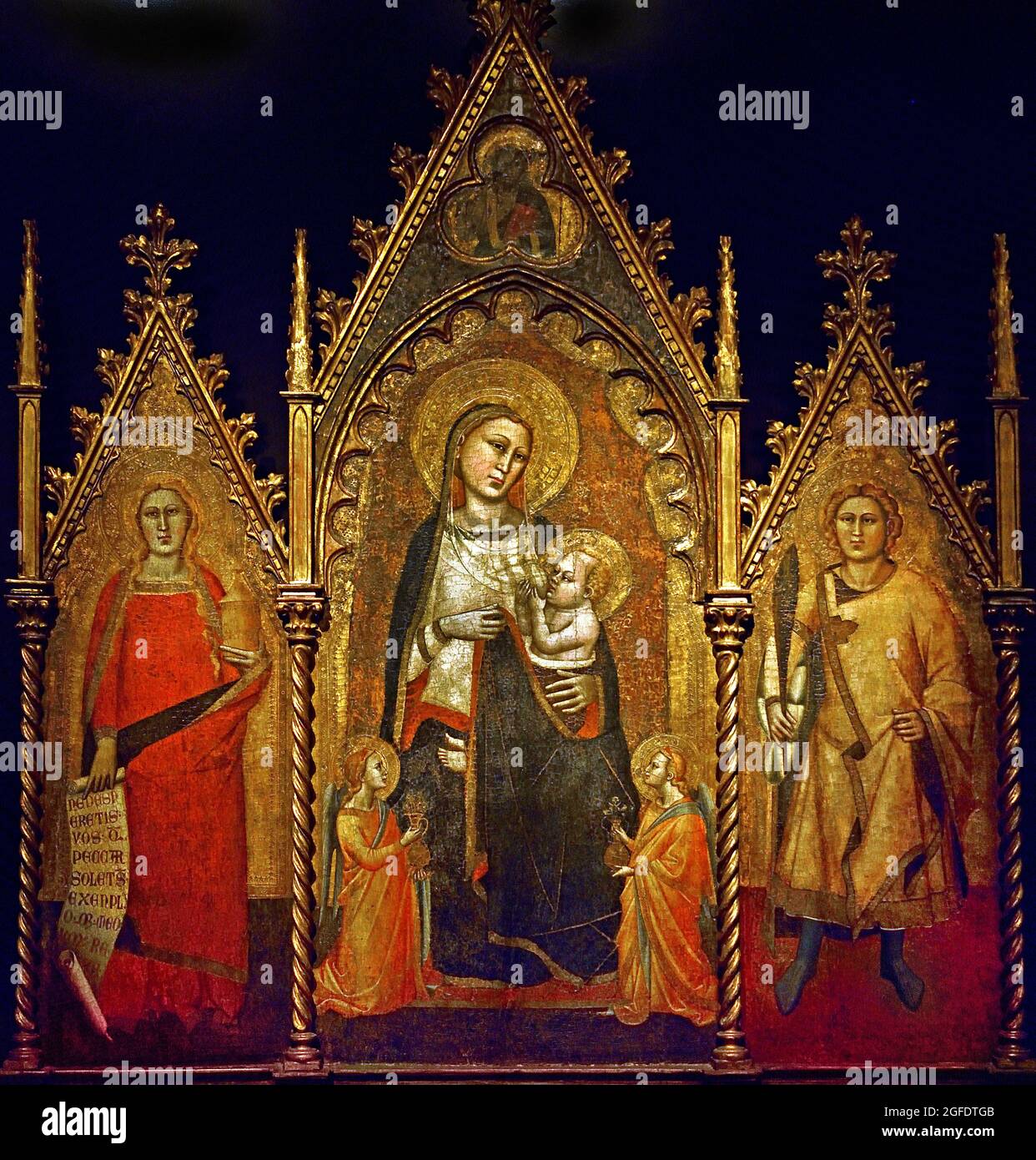 Triptych with the Virgin and Child, and Saints Mary Magdalene and Ansanus, Orcagna Andrea di Cione, 1350, Italy, Italian, tempera on panel, 146cm × 119.5cm,  Orcagna  mid-14th century. This altarpiece, which has survived almost intact, The depiction of the figures of the Virgin and Child and two saints reflects the rather stiff, hieratical style of the period. Stock Photo