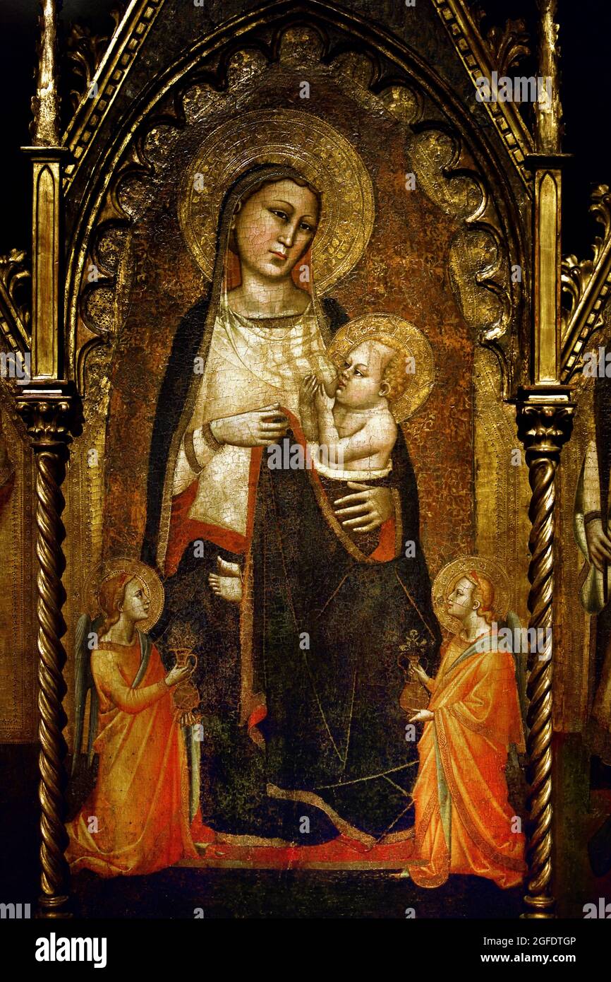 Triptych with the Virgin and Child, and Saints Mary Magdalene and Ansanus, Orcagna Andrea di Cione, 1350, Italy, Italian, tempera on panel, 146cm × 119.5cm,  Orcagna  mid-14th century. This altarpiece, which has survived almost intact, The depiction of the figures of the Virgin and Child and two saints reflects the rather stiff, hieratical style of the period. Stock Photo