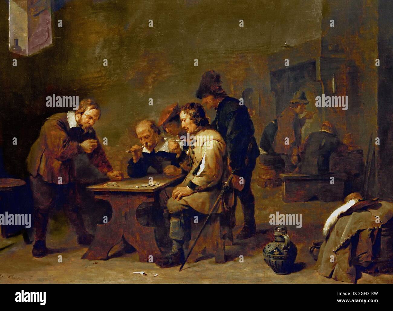 The Gamblers, David Teniers (II), 1610-1690. 1640 oil on panel 45.2cm ×  59.1cm  Belgian Belgium Flemish Two middle-class men  and an officer are absorbed in their game. Two peasants look on. The man standing at the left is just about to throw the dice. Games of chance,  involved money, were denounced from the pulpit. Yet here Teniers no he is simply recording the scene. Stock Photo