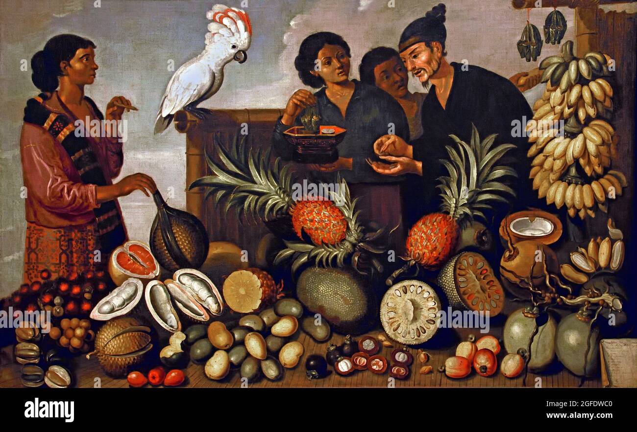 East Indian Market Stall in Batavia 1640 - 1666   Albert Eckhout oil paint Indonesia, Jakarta, Dutch, (A Chinese man buys fruit from a stall run by Indian women, where all kinds of native fruits are displayed: ramboutan, mangosteen, dourian, copra, mangas, grapefruit, pineapple and bananas. A white cockatoo sits on the bamboo fence. Bottom right is a paper painted with a list of the names of the fruits depicted.) Stock Photo