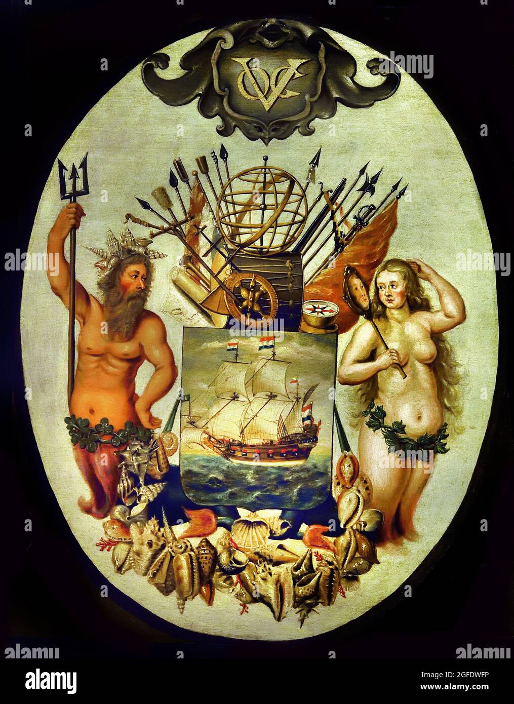 The arms of the VOC and Batavia, 1651 by Jeronimus Becx (II), 1651 oil on panel 63 X 97cm These coat of arms show the coat of arms of the VOC, decorated with Neptune and a mermaid, and the coat of arms of Batavia, flanked by Dutch lions. The town of Jacatra Jakarta became 'Conquered den 30 may 1619, according to this coat of arms. Governor-General Jan Pietersz Coen renamed Jacatra Batavia and, in the same year, had a castle built with wharves, warehouses and offices.  Dutch, The Netherlands . Stock Photo