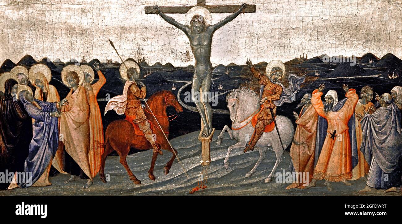 The Crucifixion, 1447 ,Giovanni di Paolo di Grazia,  Italy, Italian, tempera on panel, , 29cm × , 62cm  This work – remarkable for the dramatic isolation of the crucified Christ between his followers ( and his persecutors – was probably the middle in a series of predella panels of the Passion of Christ placed beneath a large altarpiece. Stock Photo