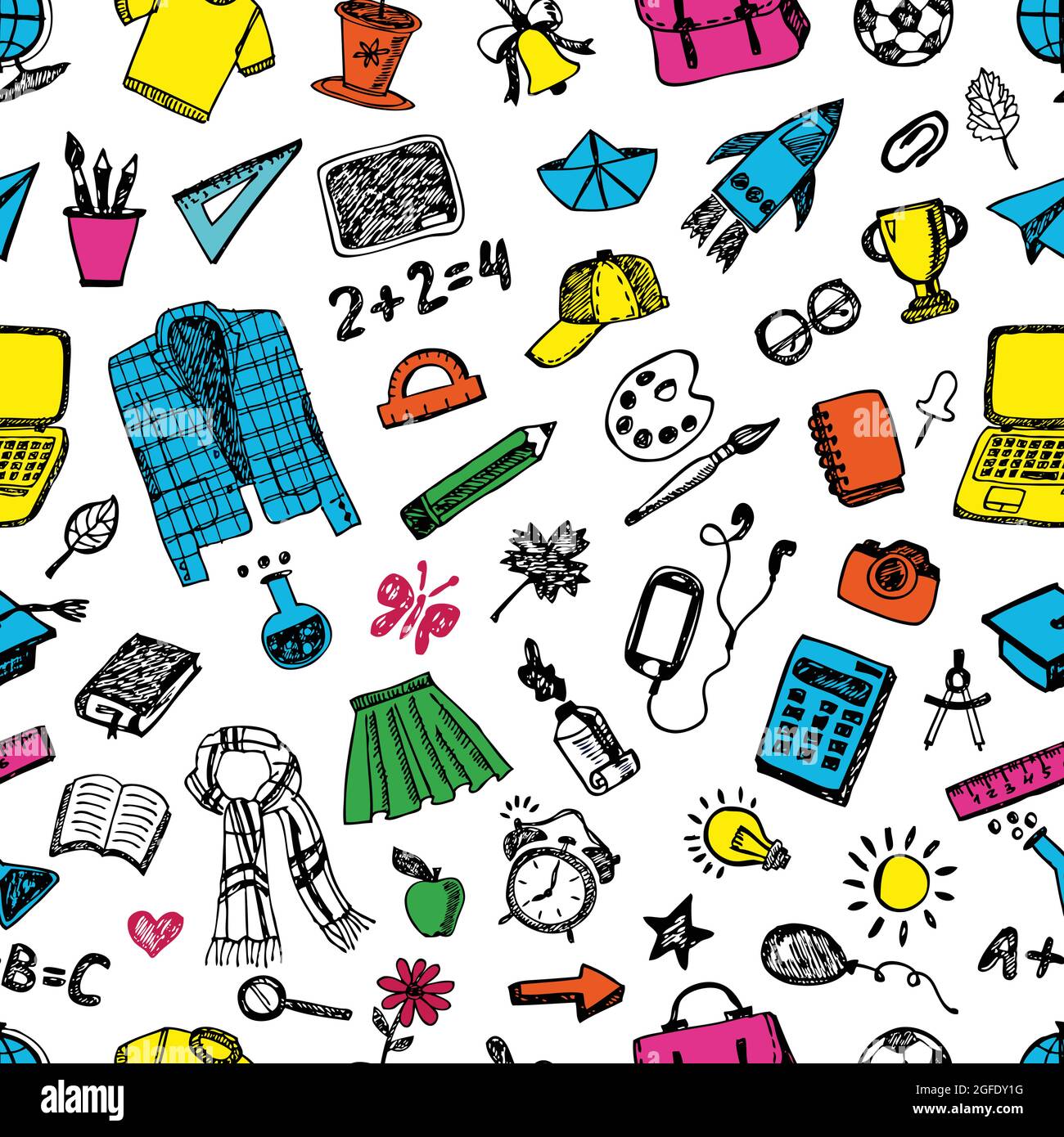 hand drawn school seamless pattern on white background Stock Vector ...