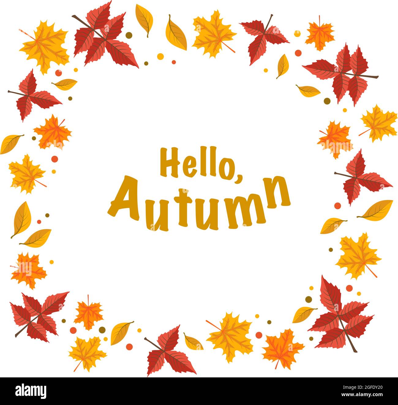 Frame with orange maple and rowan leaves and the words hello autumn. Bright fall wreath with text Stock Vector