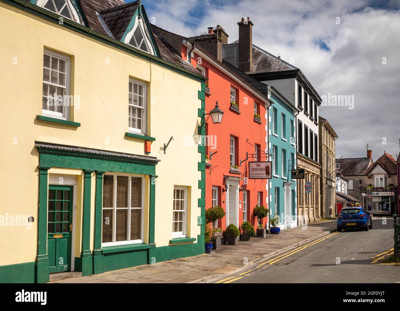 UK, Wales, Carmarthenshire, Llandovery, Market Square, colourfully painted commercial buildings Stock Photo