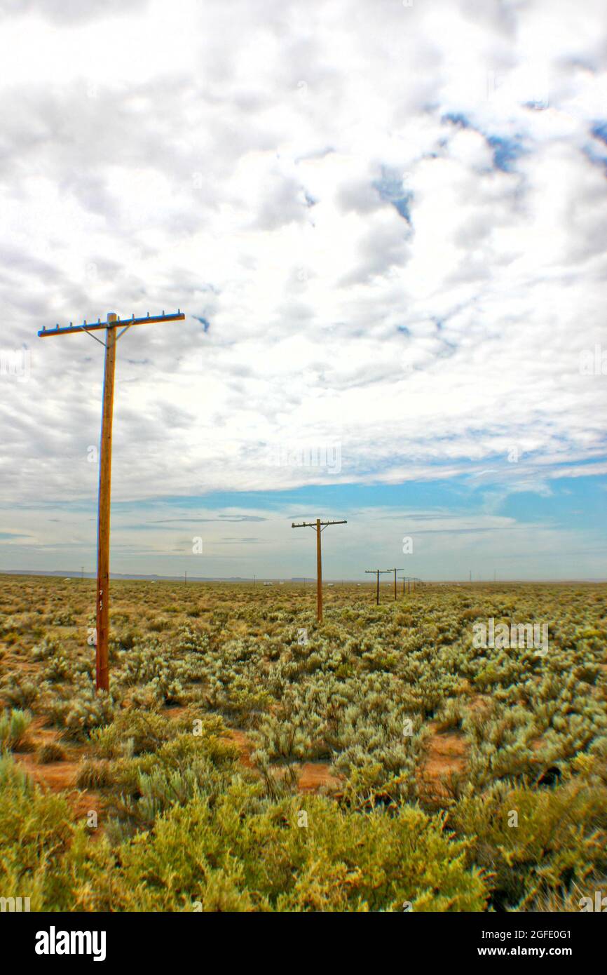 Depth shot of telephone poles and lines stretching into the distance along a landscape of green scrub brush Stock Photo