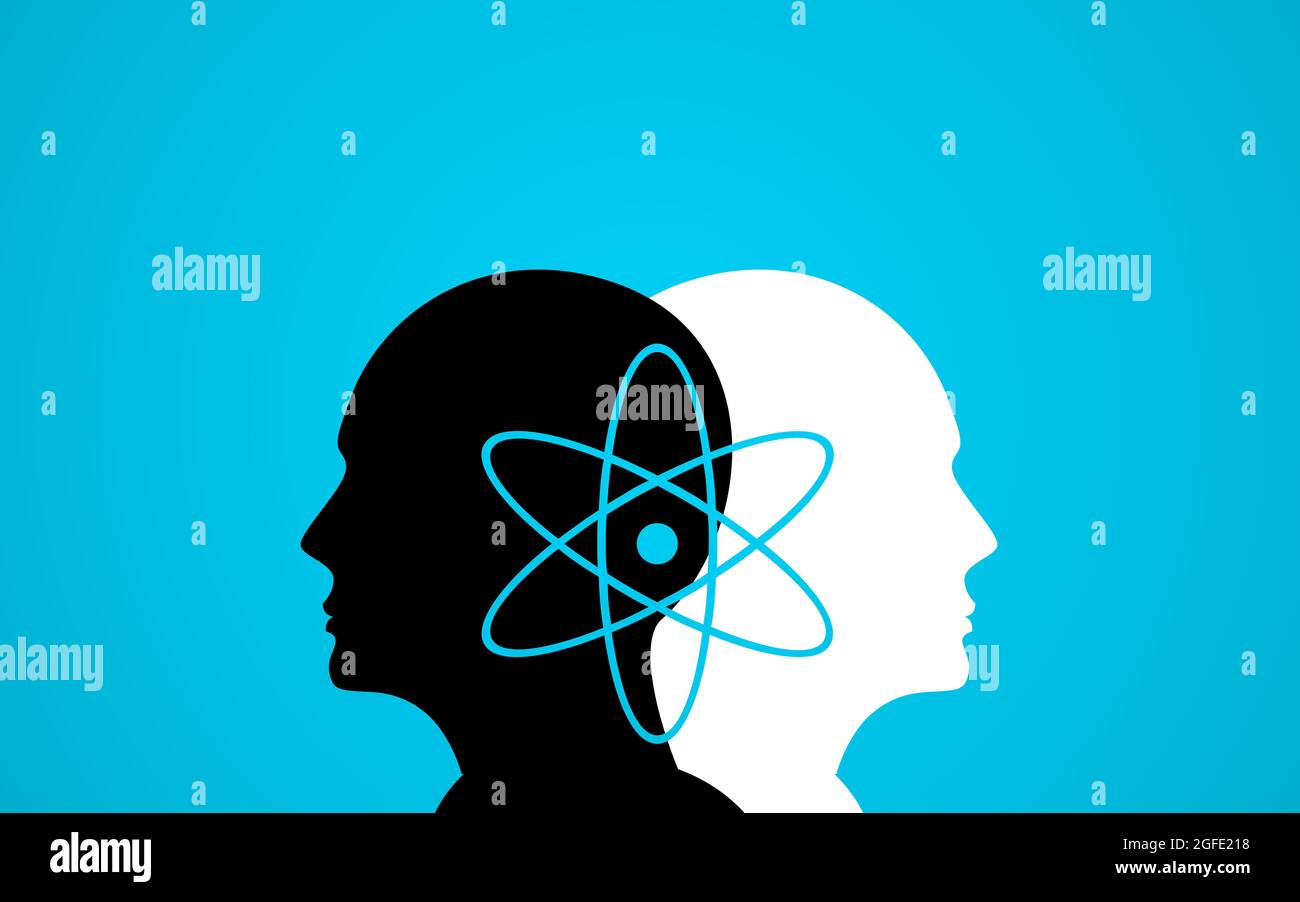 Two Human Head sharing a science symbol. Exchange valuable information and Knowledge Concept. Black nd white head on blue background Stock Photo