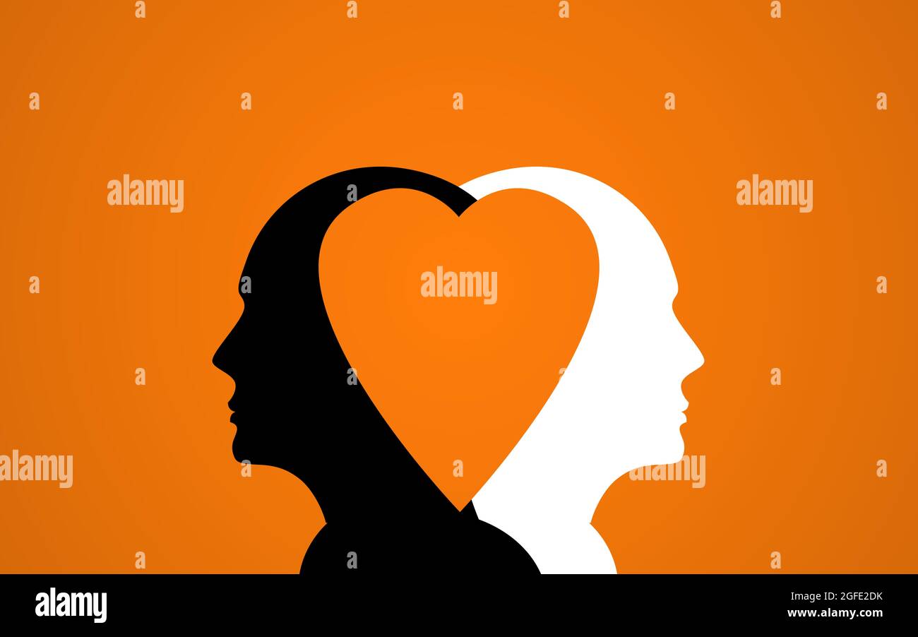Two Human Heads united by heart in Orange Background. diversity and solidarity and mental health Concept Stock Photo