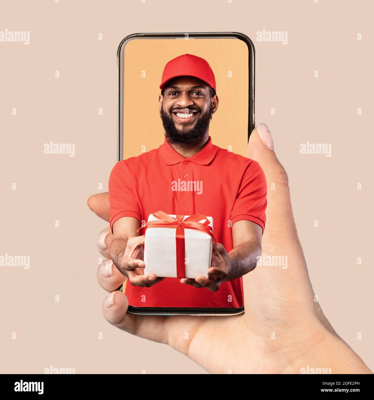 African Courier On Smartphone In Hand Giving Gift Box, Collage Stock Photo
