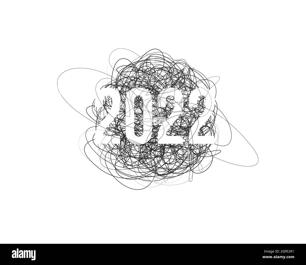 2022 new year, chaos pencil drawn thread, scrawl drawing lines clew background with 2022 numbers, creative vector illustration for christmass holiday Stock Vector