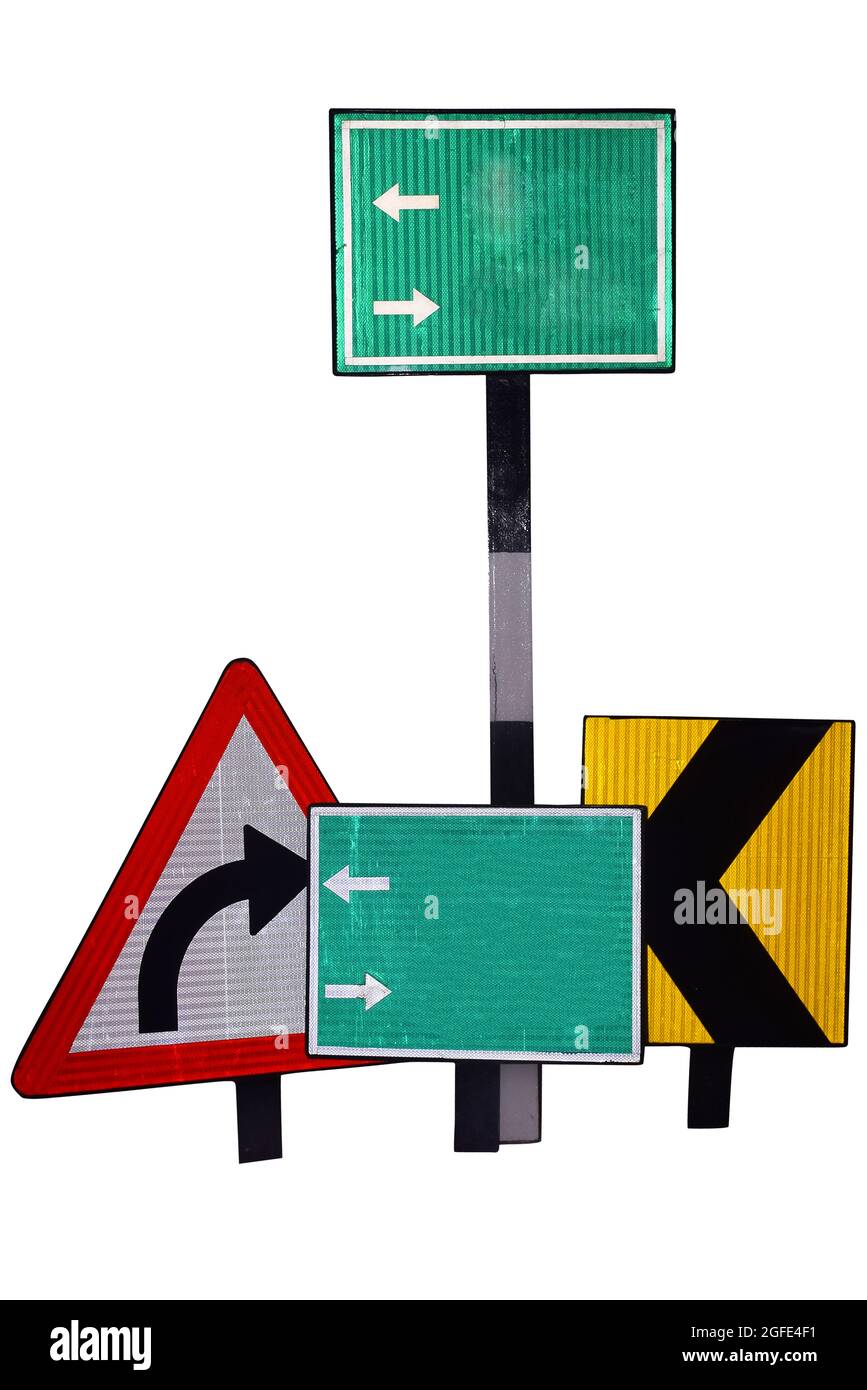 Group of road signs isolated on white background. Different types of